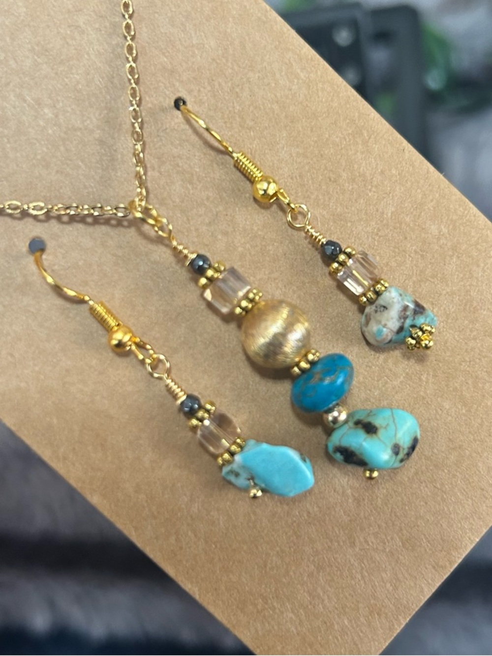 Handcrafted elegant genuine turquoise hematite necklace and earring set